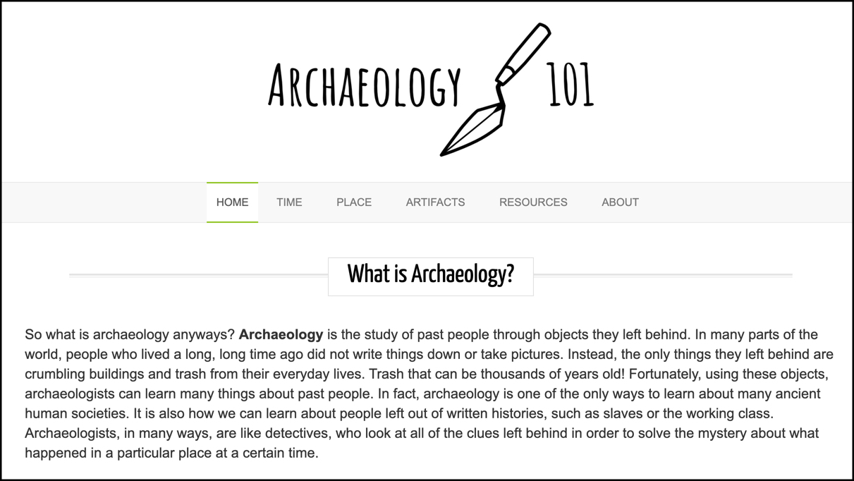 Screenshot of Archaeology 101 website